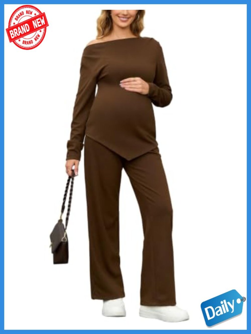 Maternity Lounge Set 2 Piece Off Shoulder Top and Wide Leg Pants with Pockets